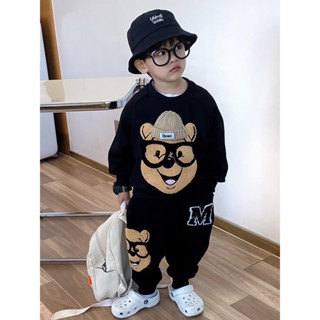  Bộ quần áo bé trai - Bộ thu đông Gấu đeo kính chất nỉ da cá - Set Áo phông polo dài tay và quần dài jogger size 8-20 kg 
