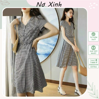 (HỎA TỐC) VÁY SƠ MI DÁNG XÒE VIỀN BÈO, đầm xòe công sở dự tiệc caro kẻ ô cao cấp - Nơ Xinh Store