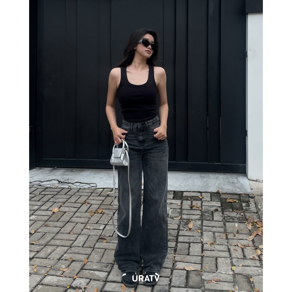 Quần jeans suông xám dáng dài chất cotton U285