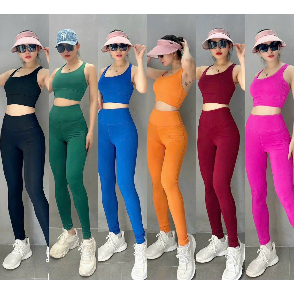 Bộ Đồ Tập Thể Thao Nữ Nhiều Màu Áo Croptop Bra Quần Dài Tập Gym Yoga Aerobic Cầu Lông - Tặng Mút Ngực Cao Cấp