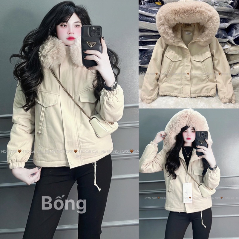Áo khoác parka kaki dáng ngắn lót lông, áo phao kaki cổ lông hàng QC cao cấp