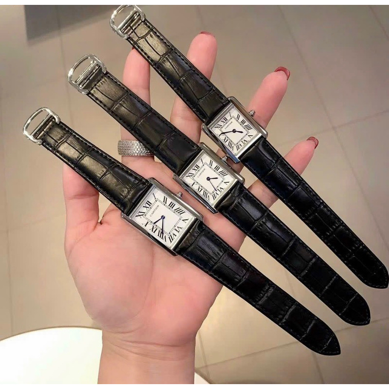 Đồng hồ Nam Nữ Cartier (CT) - size 22 và 26mm, mặt vuông, 2 kim, dây da nổi vân cá sấu cao cấp, bảo hành 6 tháng