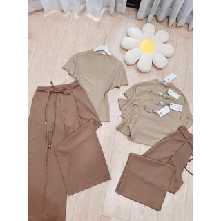 Set quần ống rộng áo len gân đai buộc