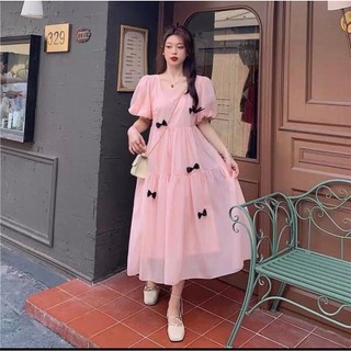 Đầm bầu tay bồng dáng dài màu hồng
