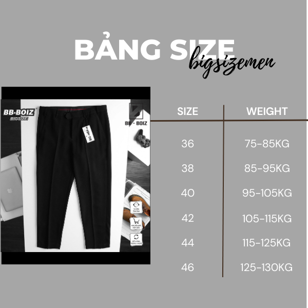 Quần tây Nam Đai Chun Form Bigsizemen 75 - 135Kg Form Ống Đứng, Vải Tuyết Mưa