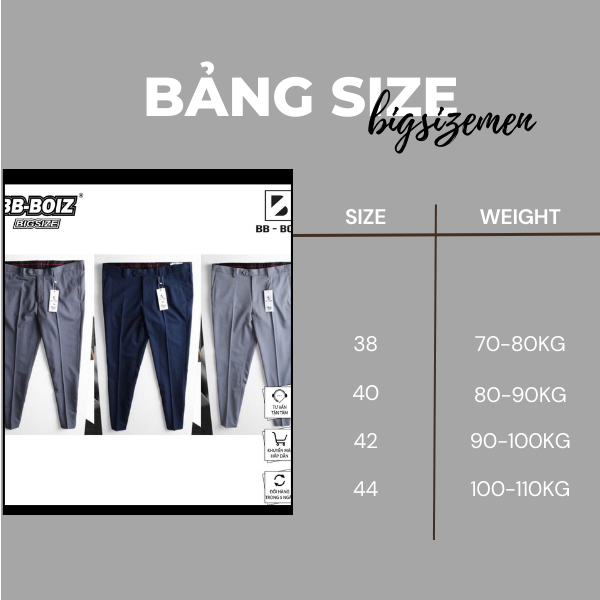 SALE - Quần tây nam BB - Boiz màu xám chì bigsize 70kg - 110kg form limfit