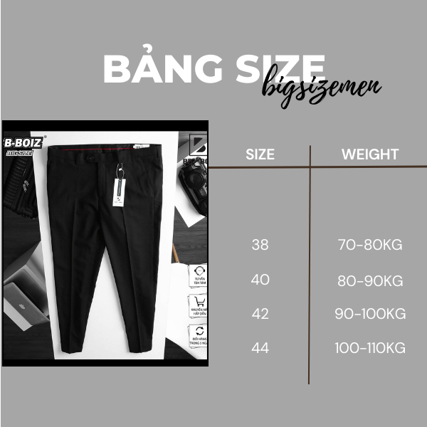 Quần tây nam BB - Boiz Không Đai Chun Forrm Limfit Bigsize 60kg - 110kg
