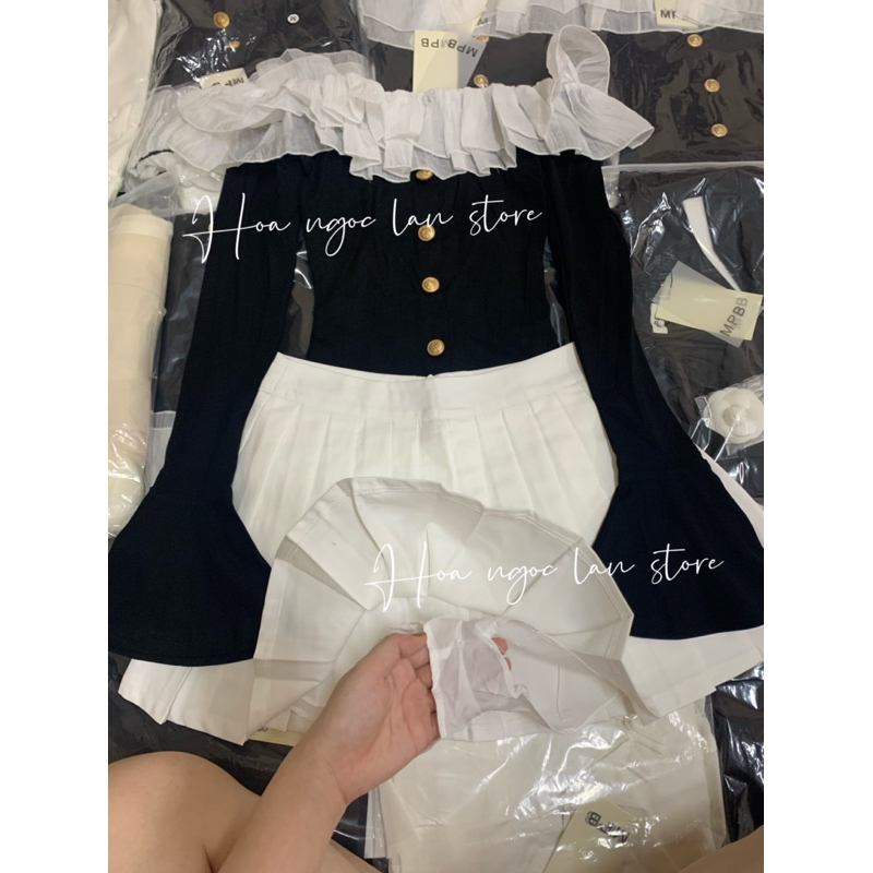 ẢNH THẬT-set áo trễ vai bèo mix chân váy xếp ly mai phương bùi mac 2 tem