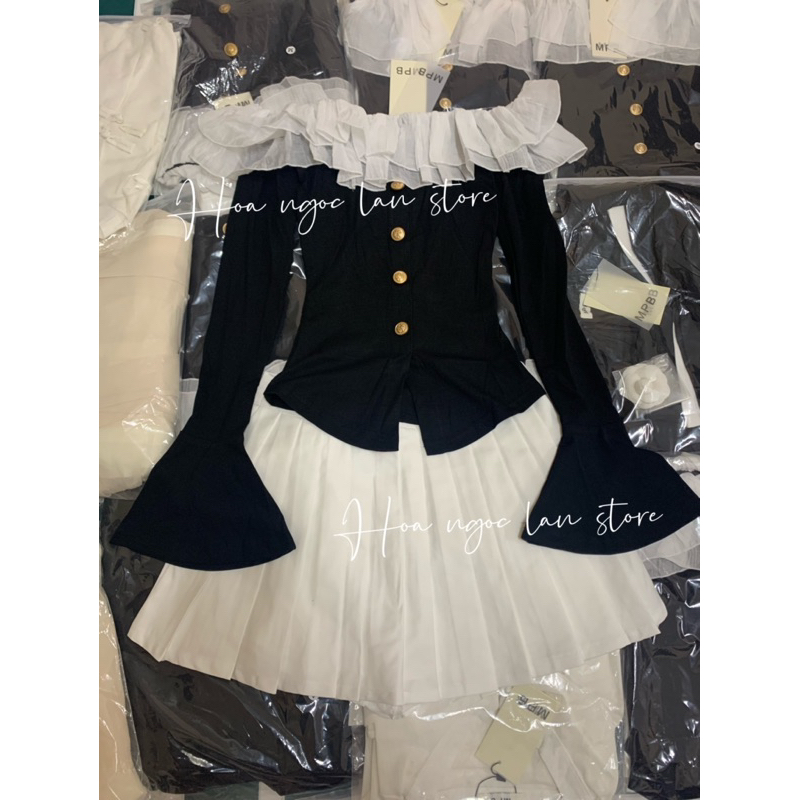 ẢNH THẬT-set áo trễ vai bèo mix chân váy xếp ly mai phương bùi mac 2 tem