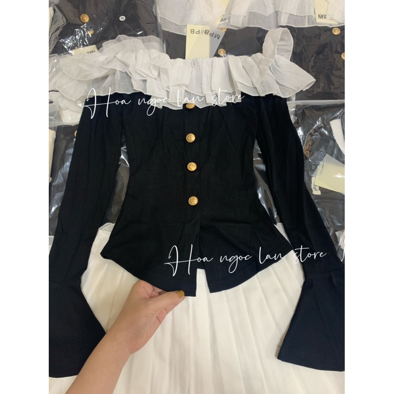 ẢNH THẬT-set áo trễ vai bèo mix chân váy xếp ly mai phương bùi mac 2 tem