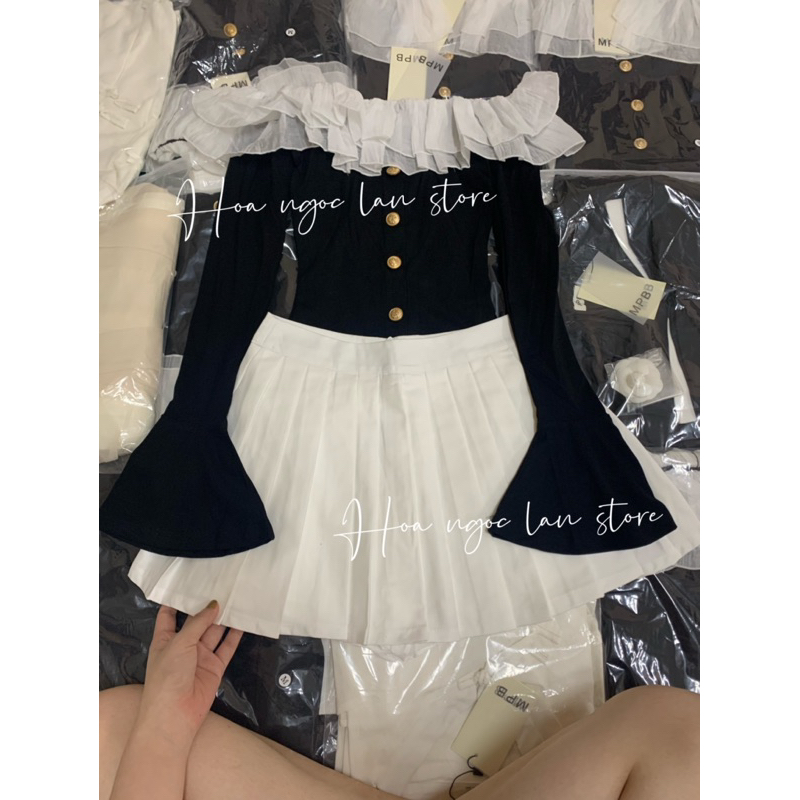 ẢNH THẬT-set áo trễ vai bèo mix chân váy xếp ly mai phương bùi mac 2 tem