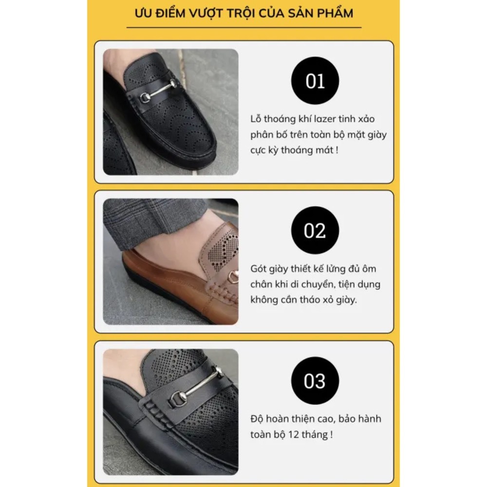 Sục da nam hở gót HQC SHOES da bò thật đế cao su bảo hành 1 năm HQ8286