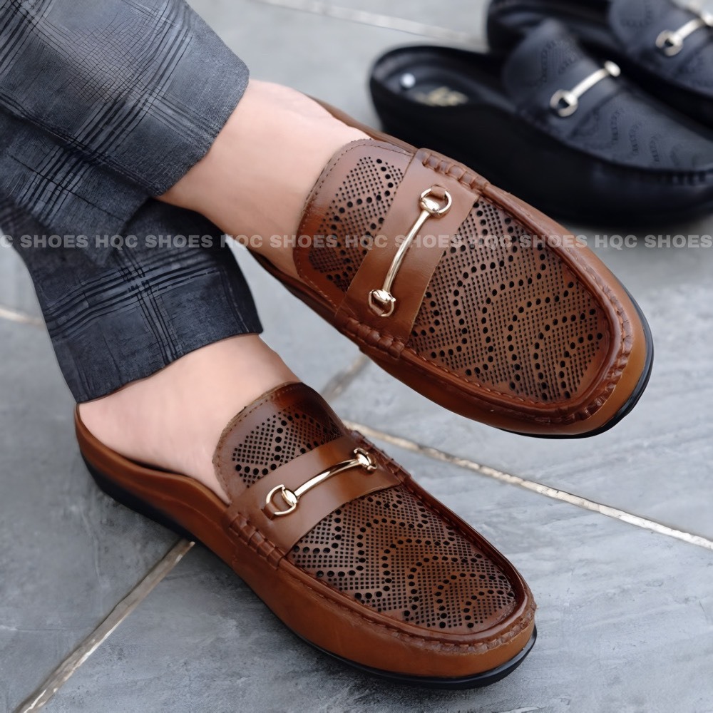 Sục da nam hở gót HQC SHOES da bò thật đế cao su bảo hành 1 năm HQ8286