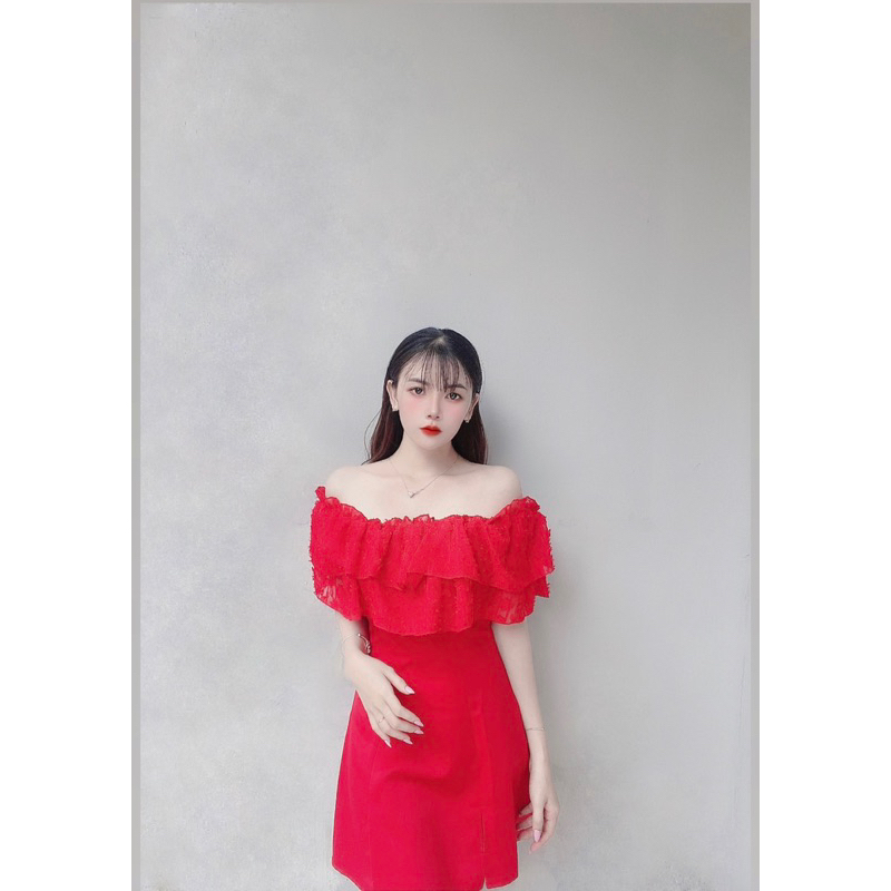 Đầm Taffta Bẹt Vai Phối Tầng