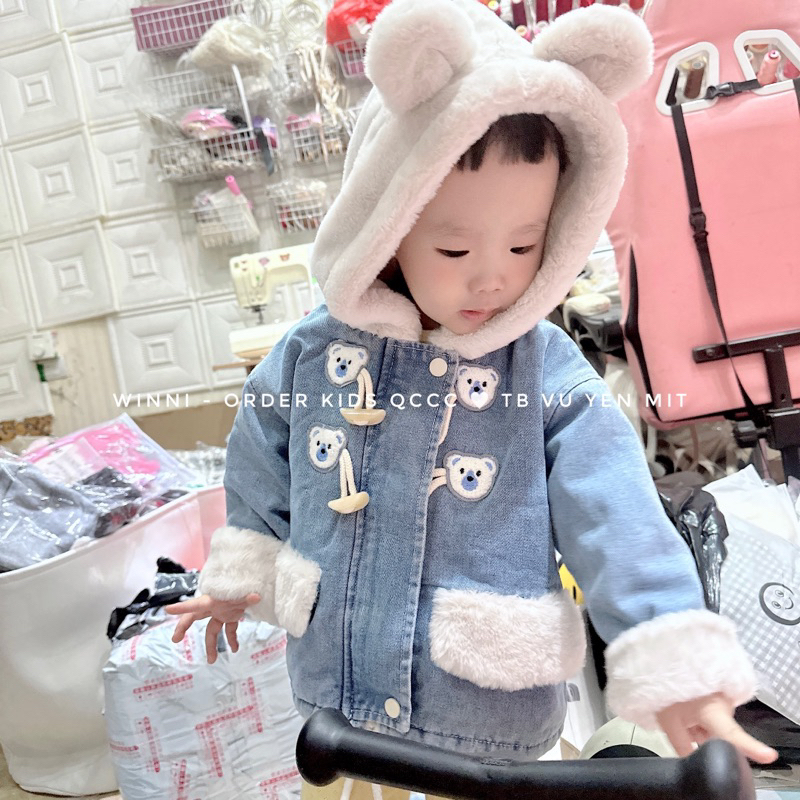 Áo khoác jean lót lông mũ lông tai gấu siêu ấm cho bé