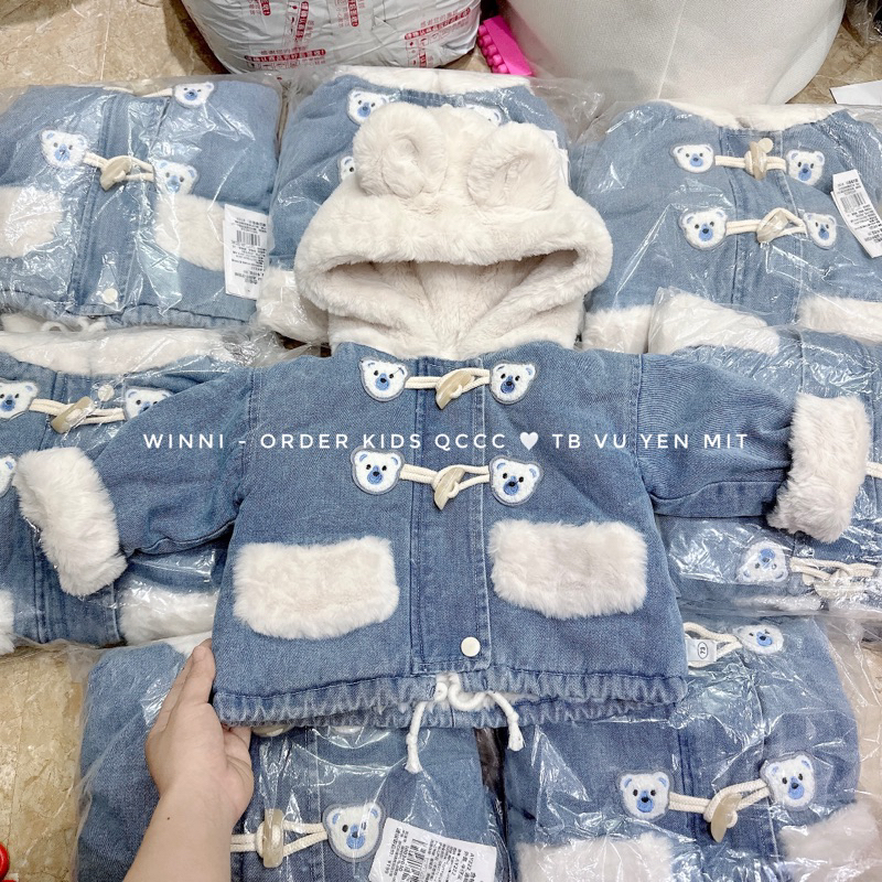 Áo khoác jean lót lông mũ lông tai gấu siêu ấm cho bé