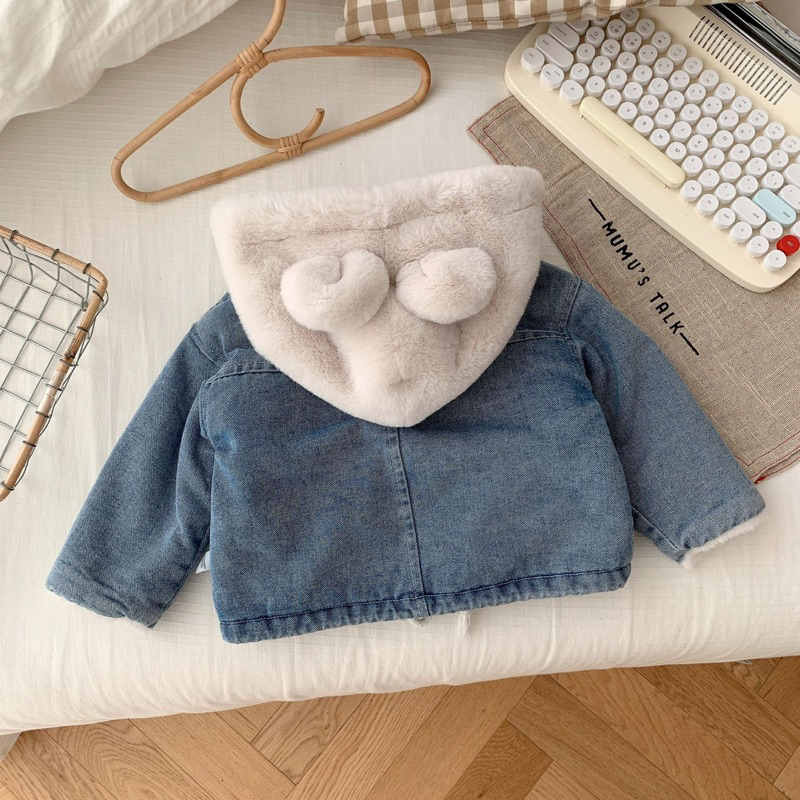 Áo khoác jean lót lông mũ lông tai gấu siêu ấm cho bé