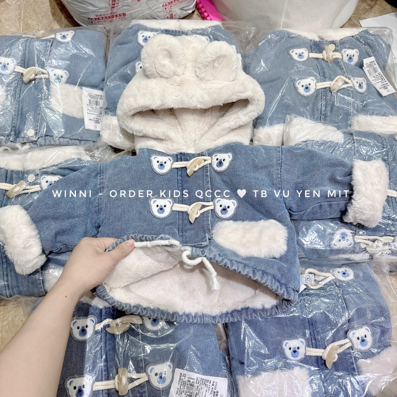 Áo khoác jean lót lông mũ lông tai gấu siêu ấm cho bé