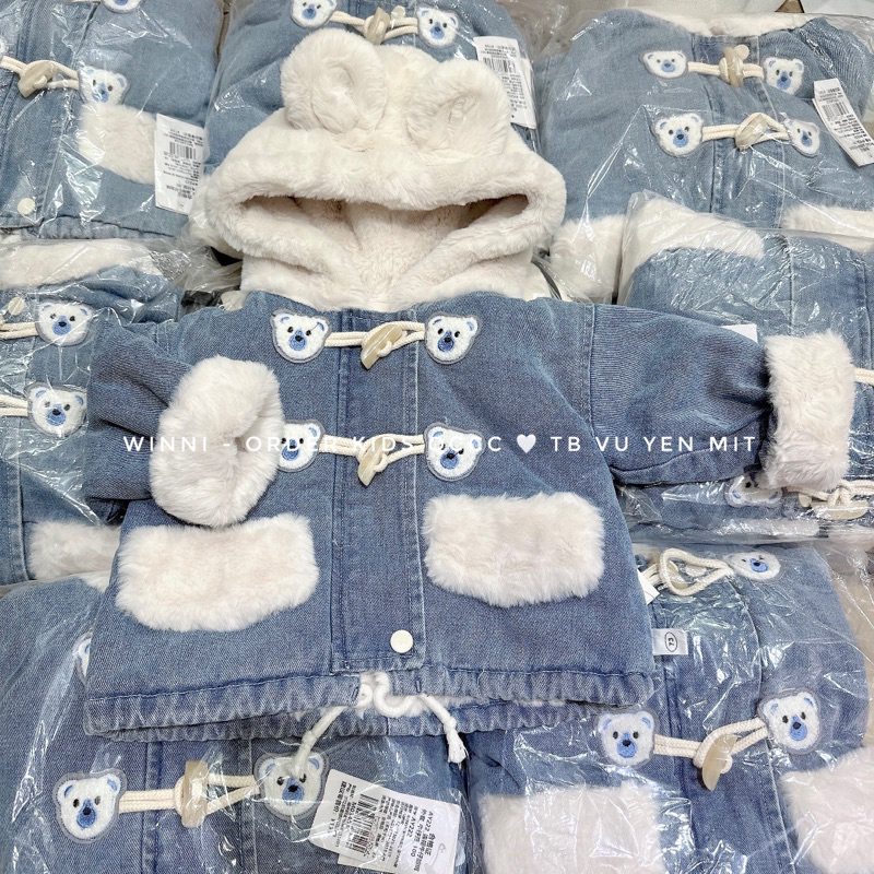 Áo khoác jean lót lông mũ lông tai gấu siêu ấm cho bé