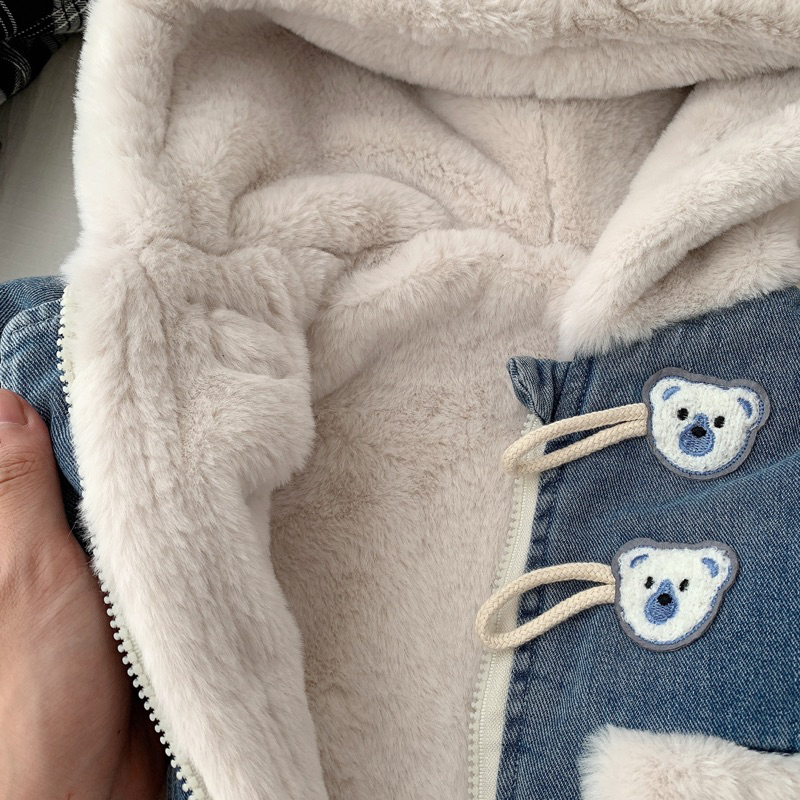 Áo khoác jean lót lông mũ lông tai gấu siêu ấm cho bé