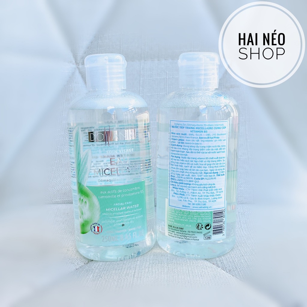 [DATE 06/2024] Nước tẩy trang chứa Vitamin B5, Dưa leo & Hoa cúc DOLLANIA Soin Visage Eau Micellaire 250ml (Pháp)