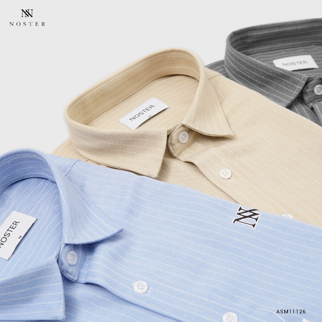 Áo sơ mi kẻ sọc nét nhỏ, thêu logo, chất vải dầy dặn, mềm mại, không nhăn - Thương hiệu Noster mã ASM11126