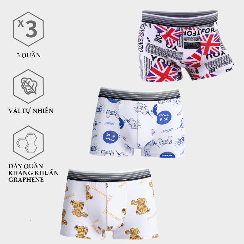 Hộp 3 Quần Sịp Đùi Nam Dễ Thương - Boxer Nam Thun Cotton Cap Cấp
