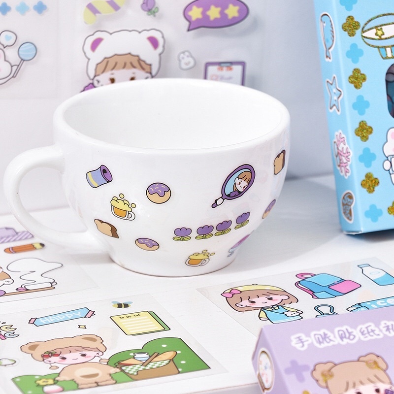 Hộp 100 tấm sticker cute trang trí dán tập vở, bình nước, bút nước