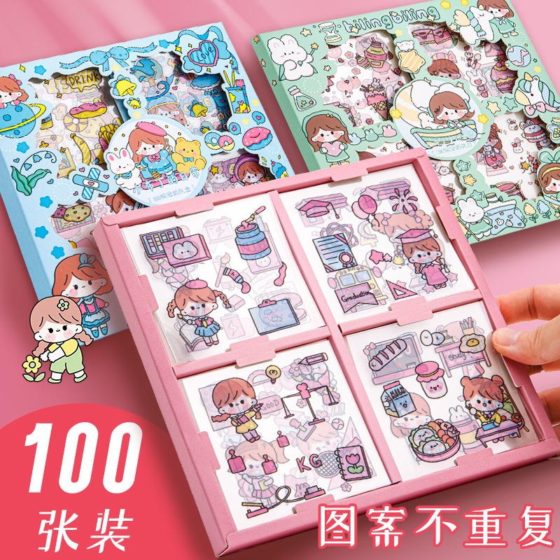 Hộp 100 tấm sticker cute trang trí dán tập vở, bình nước, bút nước