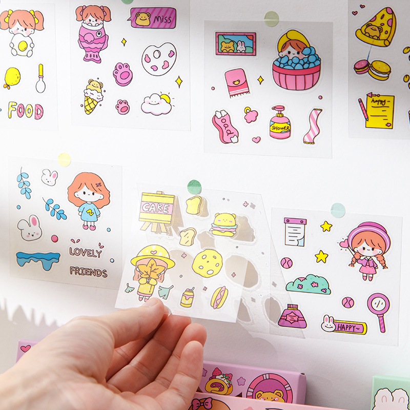Hộp 100 tấm sticker cute trang trí dán tập vở, bình nước, bút nước
