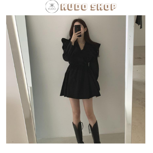 Váy bèo cổ v tay dài KUDOSHOP, đầm ngắn mini siêu tôn dáng phong cách bánh bèo Hàn Quốc hot 2023 cho