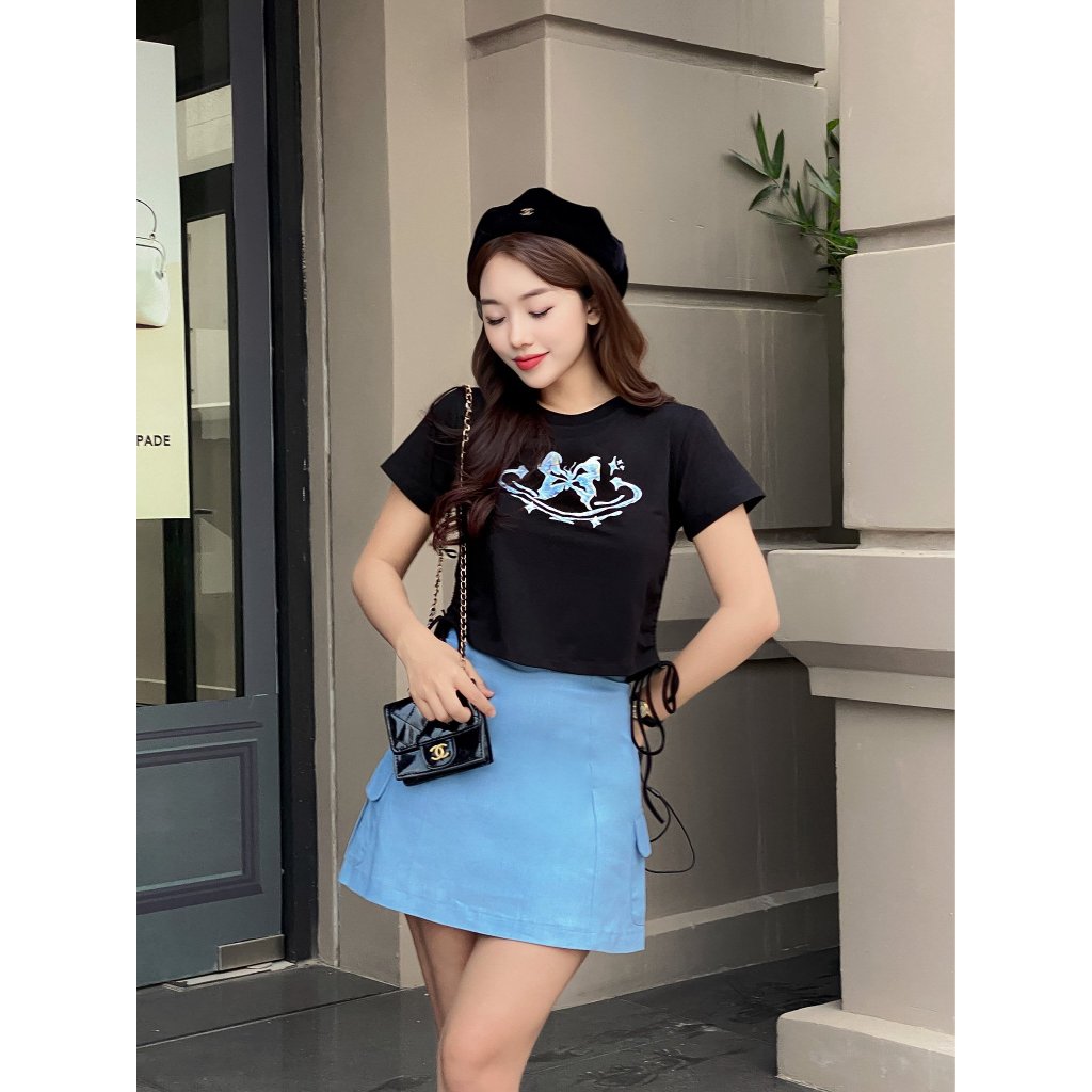 YU CHERRY | Áo thun Baby Tee nữ cotton 4 chiều dây rút 2 bên Shine Butterfly String Top YP016