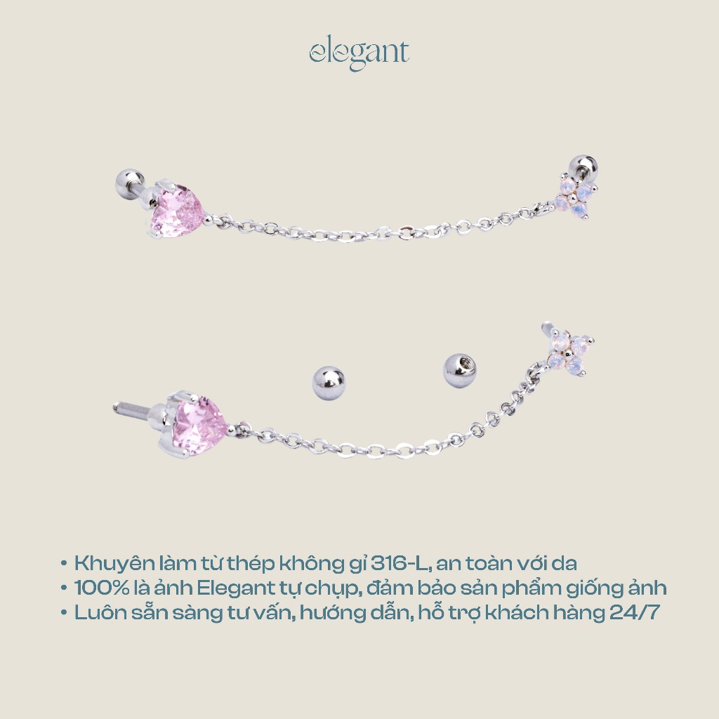Khuyên tai xích đá PINK FLOWER CHAIN HEART Elegant