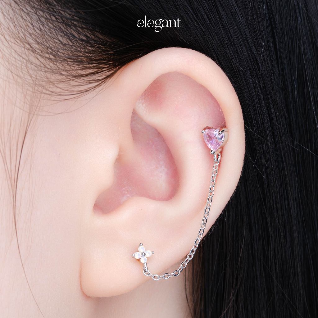 Khuyên tai xích đá PINK FLOWER CHAIN HEART Elegant