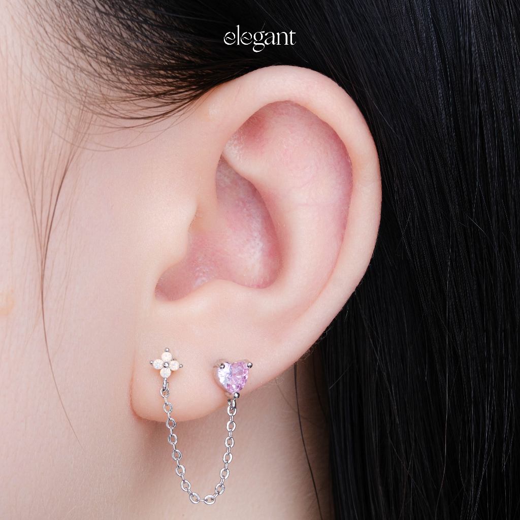Khuyên tai xích đá PINK FLOWER CHAIN HEART Elegant