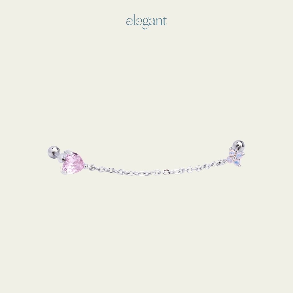 Khuyên tai xích đá PINK FLOWER CHAIN HEART Elegant