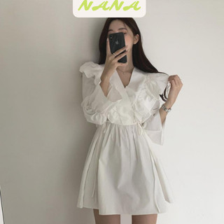 Đầm bèo cổ v tiểu thư tay dài dáng ngắn mini basic phong cách ulzzang genz lịch sự sexy đi chơi, đi dạo NANASHOP