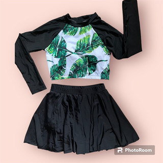 Đồ bơi nữ tay dài váy xoè size lớn- bikini đi biển thun lạnh tay dài kín đáo lá xanh- Shopnabi TNVX_LAXATADEN