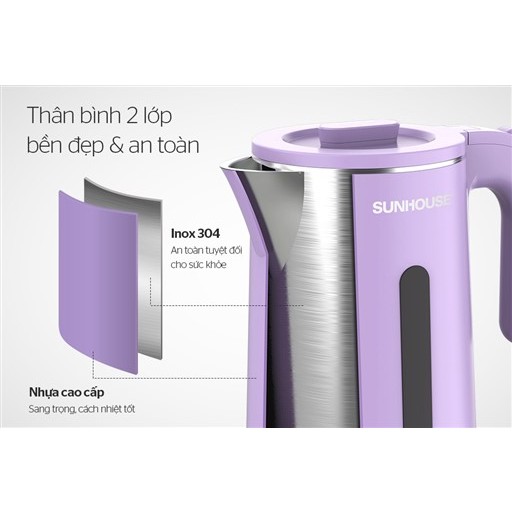Ấm đun siêu tốc inox 2 lớp Sunhouse 1.8 lít SHD1368KB