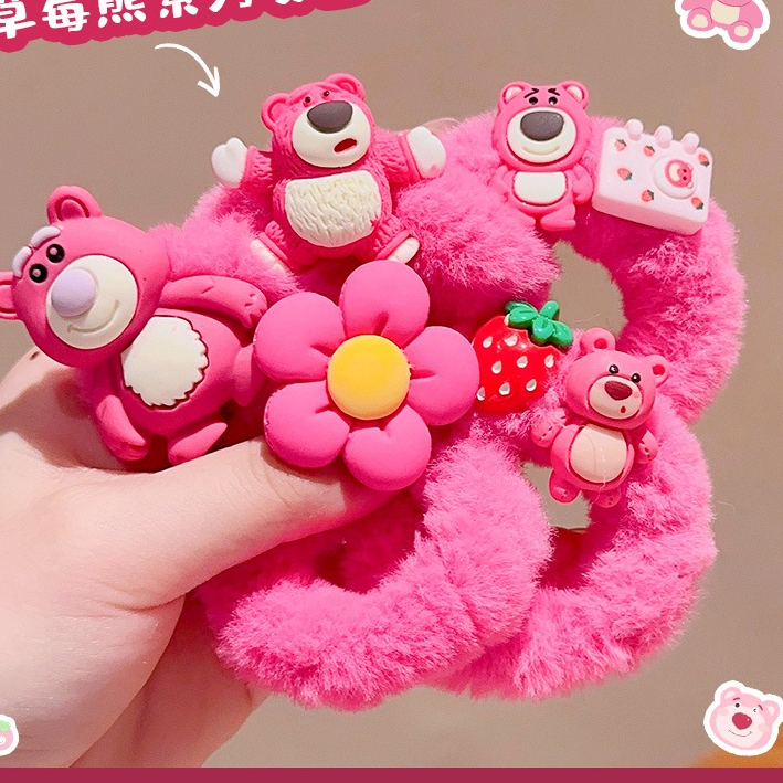 Dây buộc tóc lông họa tiết gấu dâu NOVSET chun buộc tóc gấu dâu LOTSO dễ thương