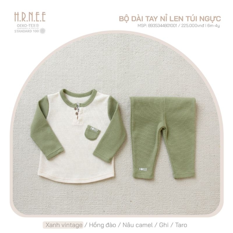Bộ dài tay nỉ len túi ngực cho bé trai, bé gái từ 6 tháng đến 4 tuổi.