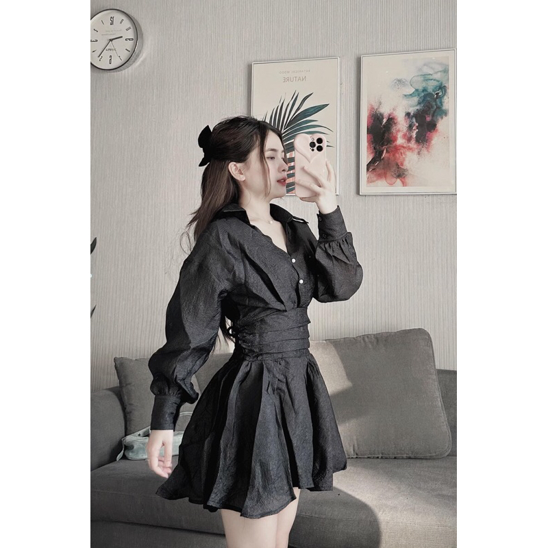 ĐẦM CỔ SƠ MI V TAY PHỒNG BO EO XẾP LY Áo Sơ Mi Nữ Tay Dài