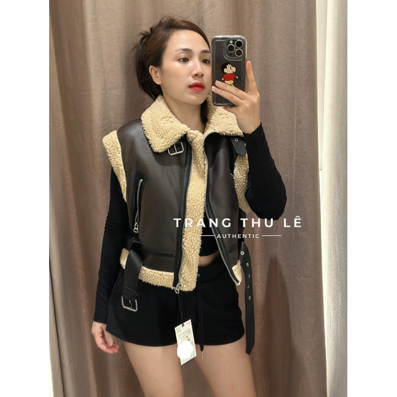 Áo da lộn gile dáng ngắn hàng xuất dư ZARA