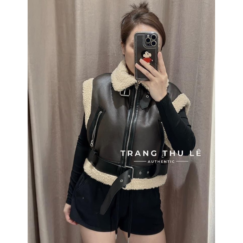Áo da lộn gile dáng ngắn hàng xuất dư ZARA