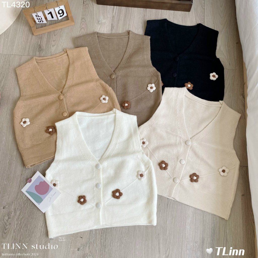 Áo gile len họa tiết bông hoa xinh phong cách Vintage Hàn Quốc