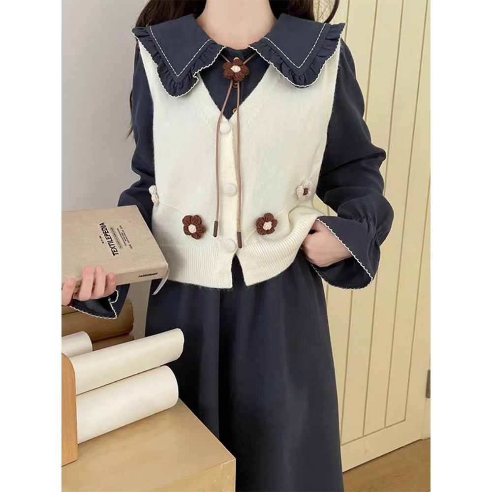 Áo gile len họa tiết bông hoa xinh phong cách Vintage Hàn Quốc
