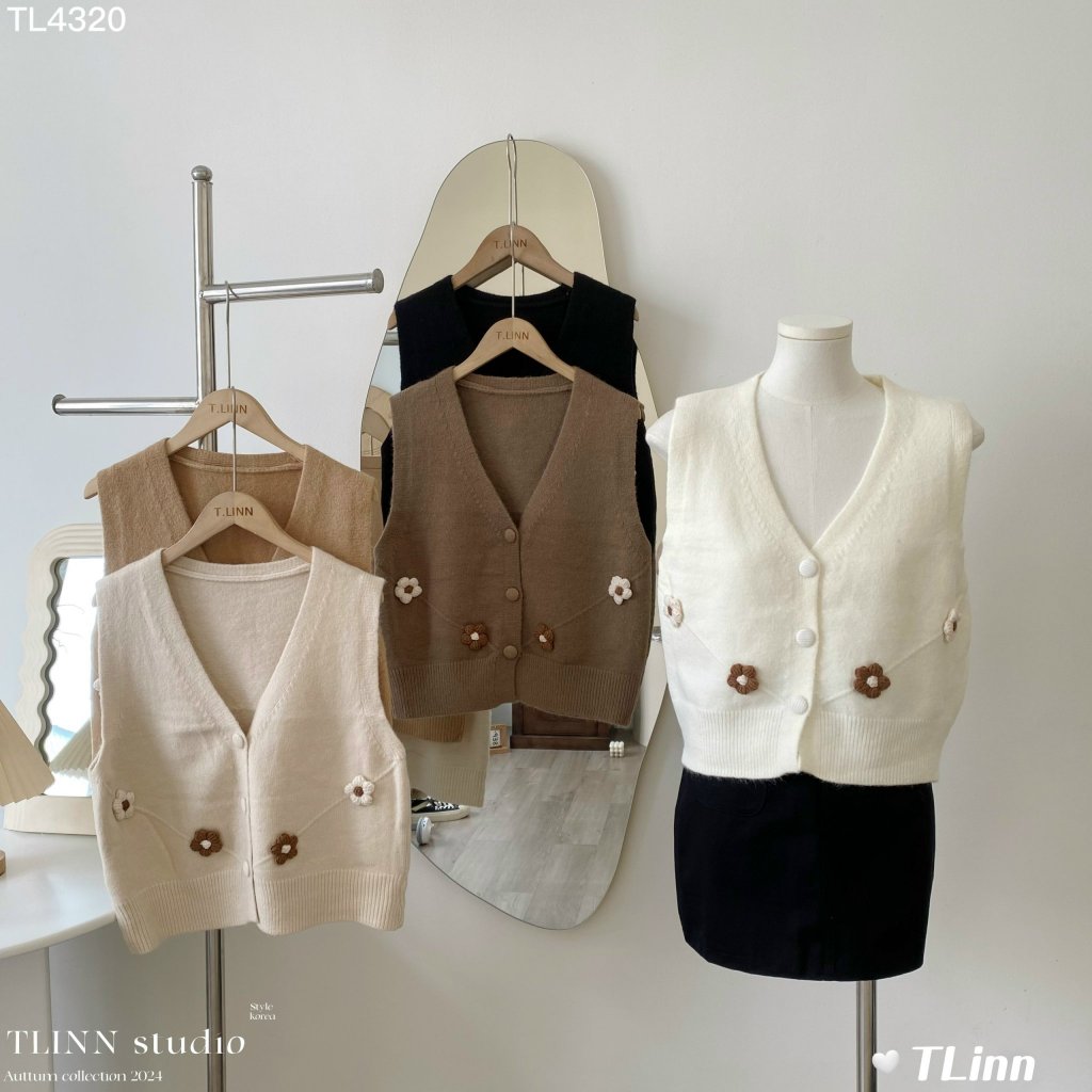 Áo gile len họa tiết bông hoa xinh phong cách Vintage Hàn Quốc