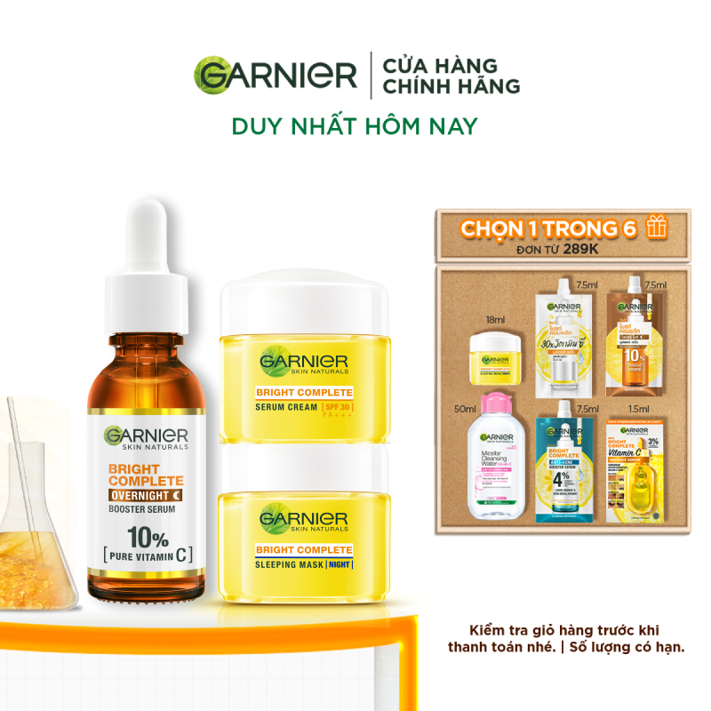 Bộ ba Dưỡng chất ban đêm  Garnier 10% Vitamin C nguyên chất  & Kem dưỡng ngày đêm  (30mlX18mlX18ml)