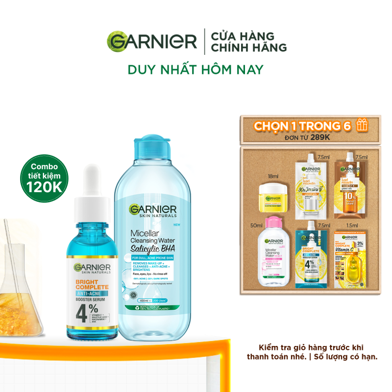 Bộ đôi dưỡng chất và nước tẩy trang làm sạch sâu, giảm mụn Garnier (mới)