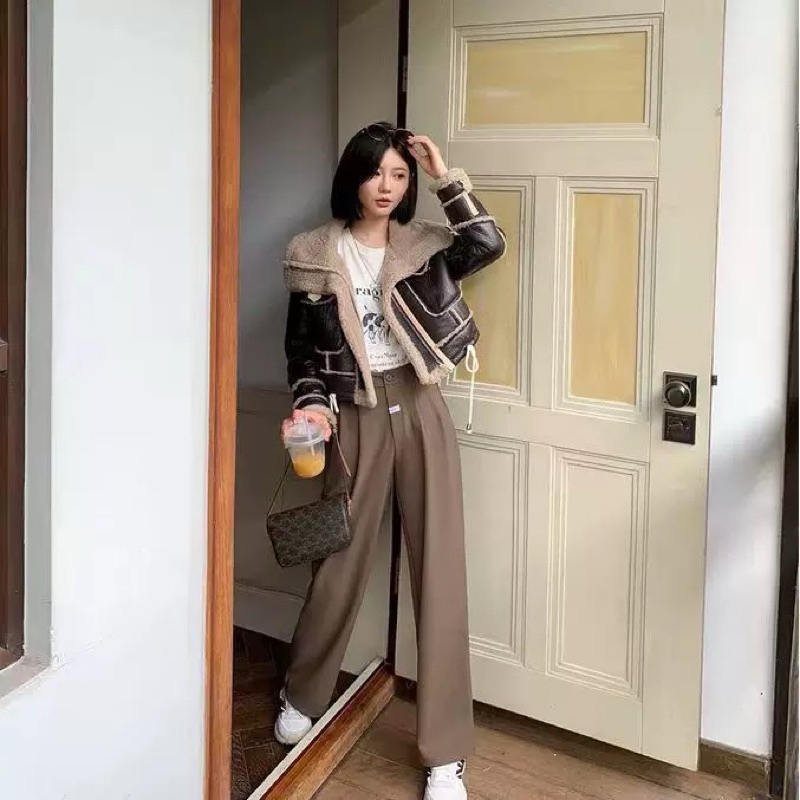 Áo khoác da lộn lót lông cừu dày dặn dáng ngắn